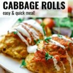 text overlay with lazy cabbage rolls image of meat rolls