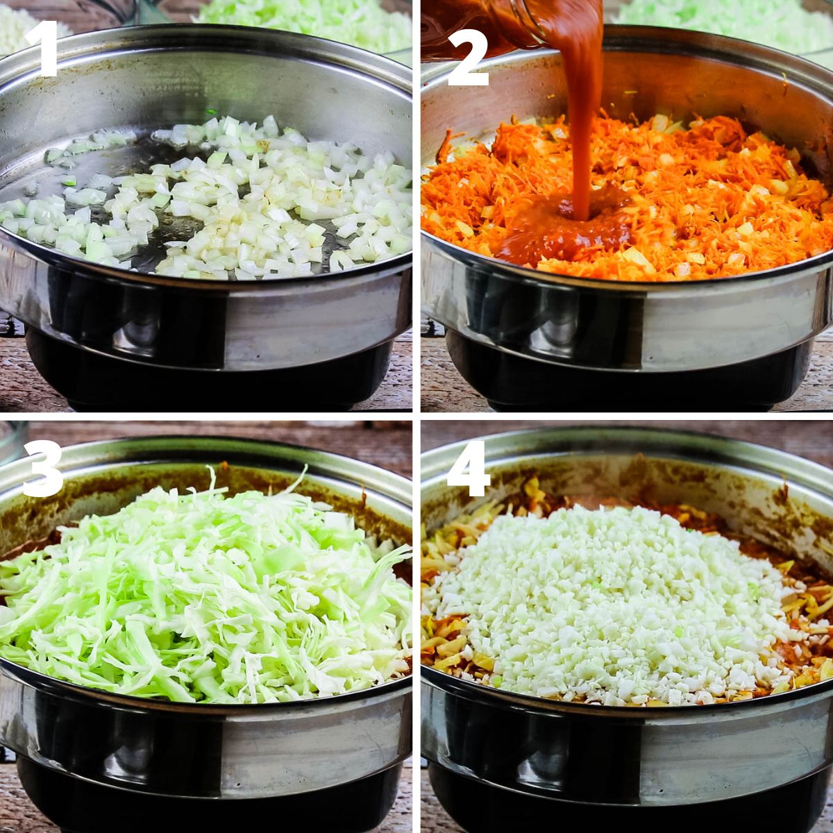 collage of pan with onion, carrots, cabbage and cauliflower for lazy cabbage rolls
