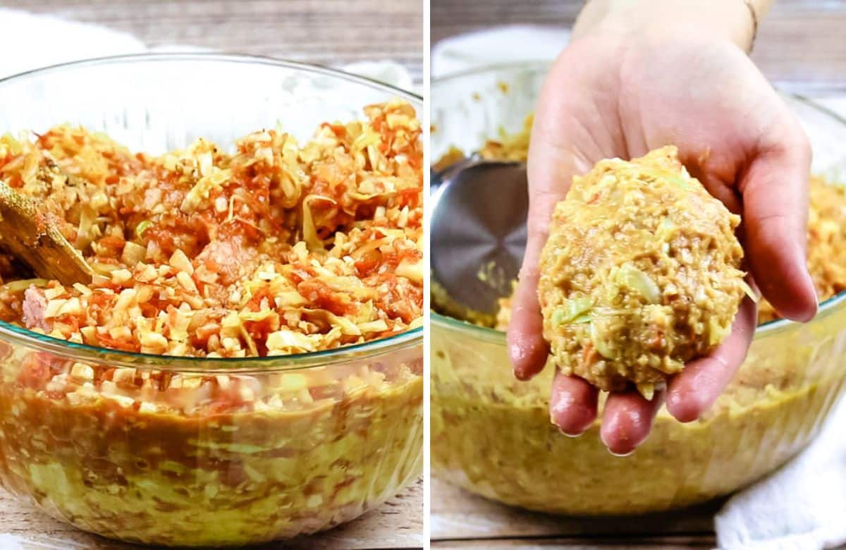 collage of two images: left is meat mixture and right is hand holding formed lazy cabbage roll