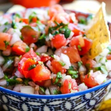 bowl full of tomato salsa with tortilla chip