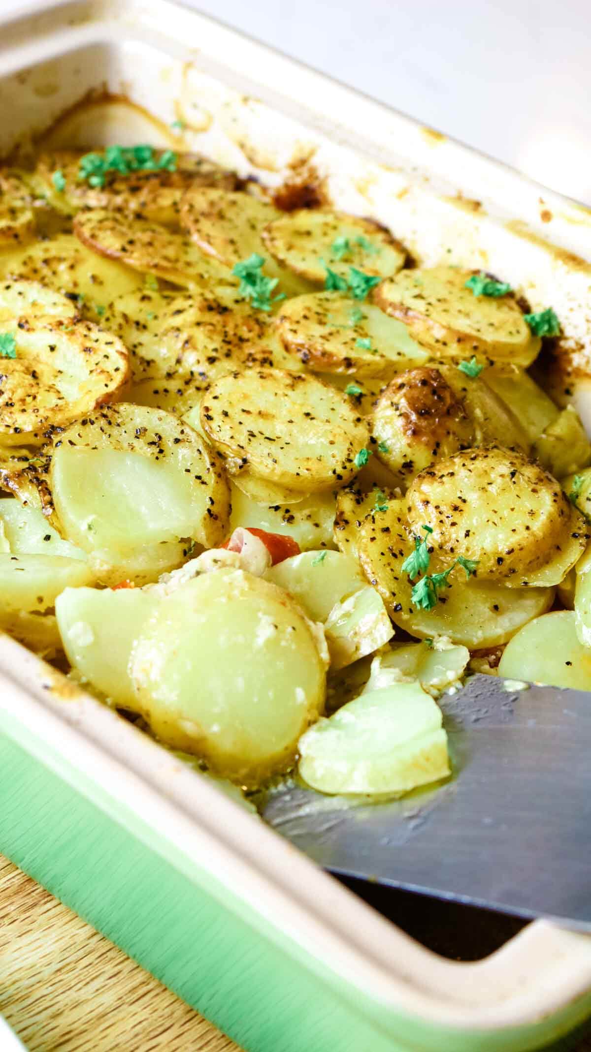 Scalloped potatoes in a baking dish