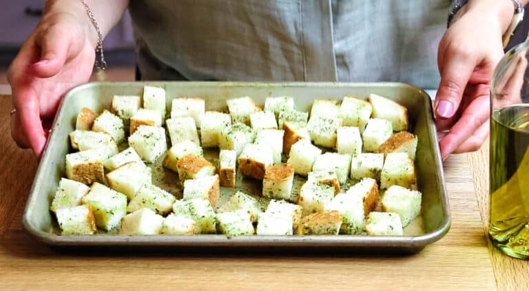 homemade croutons on small baking sheet