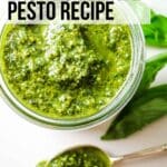 homemade pesto in a jar with text overlay