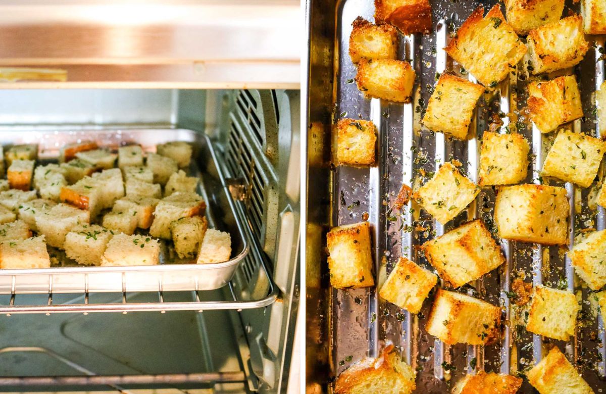 collage of croutons in toaster oven and golden brown croutons.