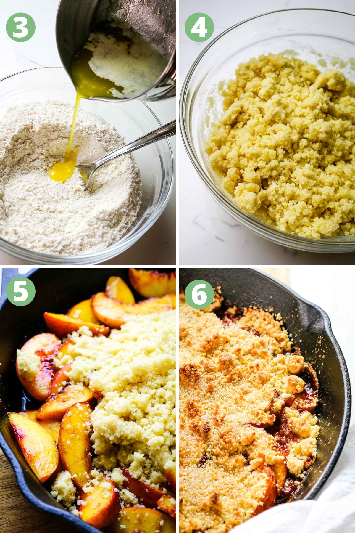 collage of peach cobbler mixing flour and topping