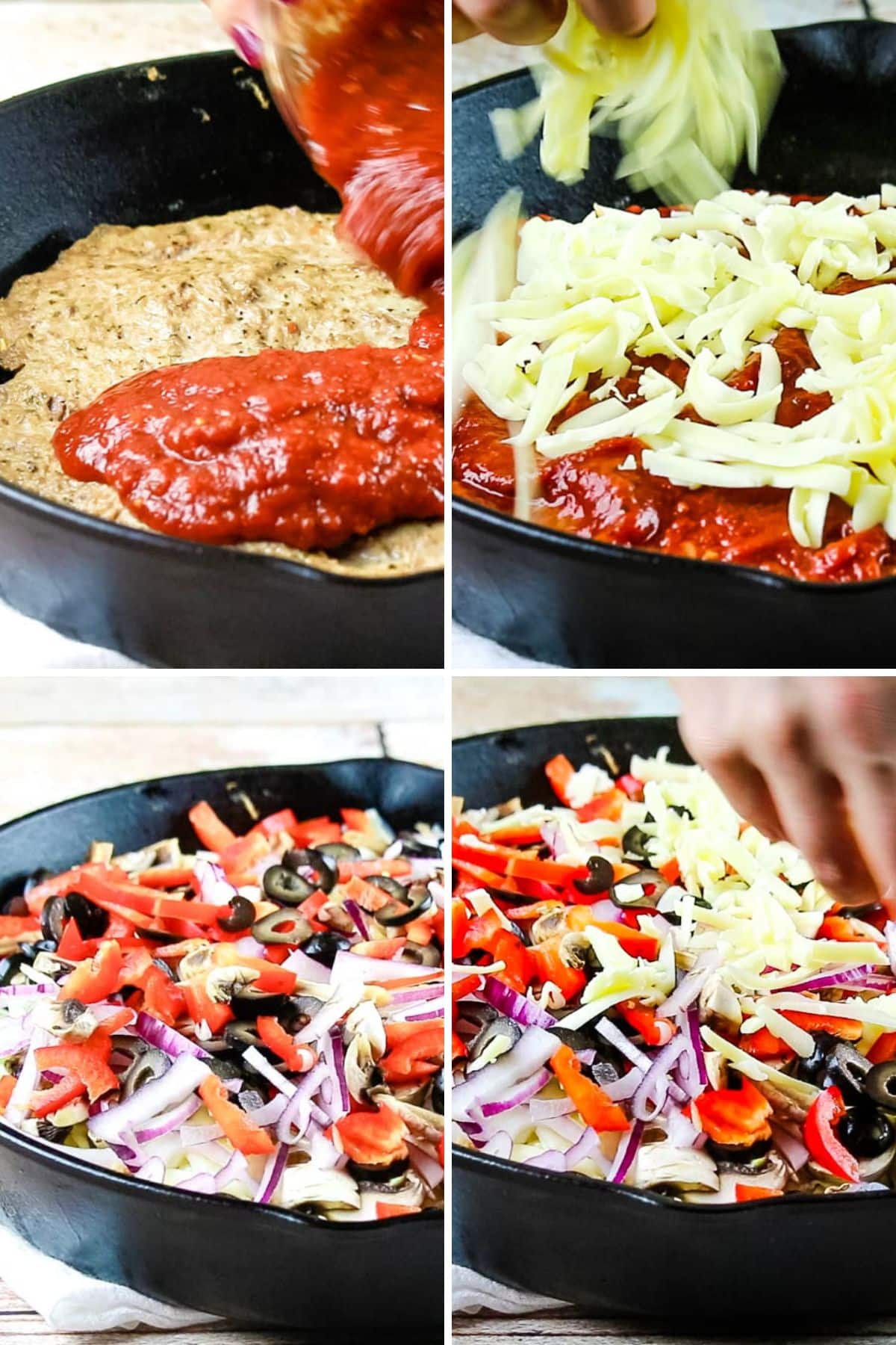 collage of adding pizza toppings to skillet pizza