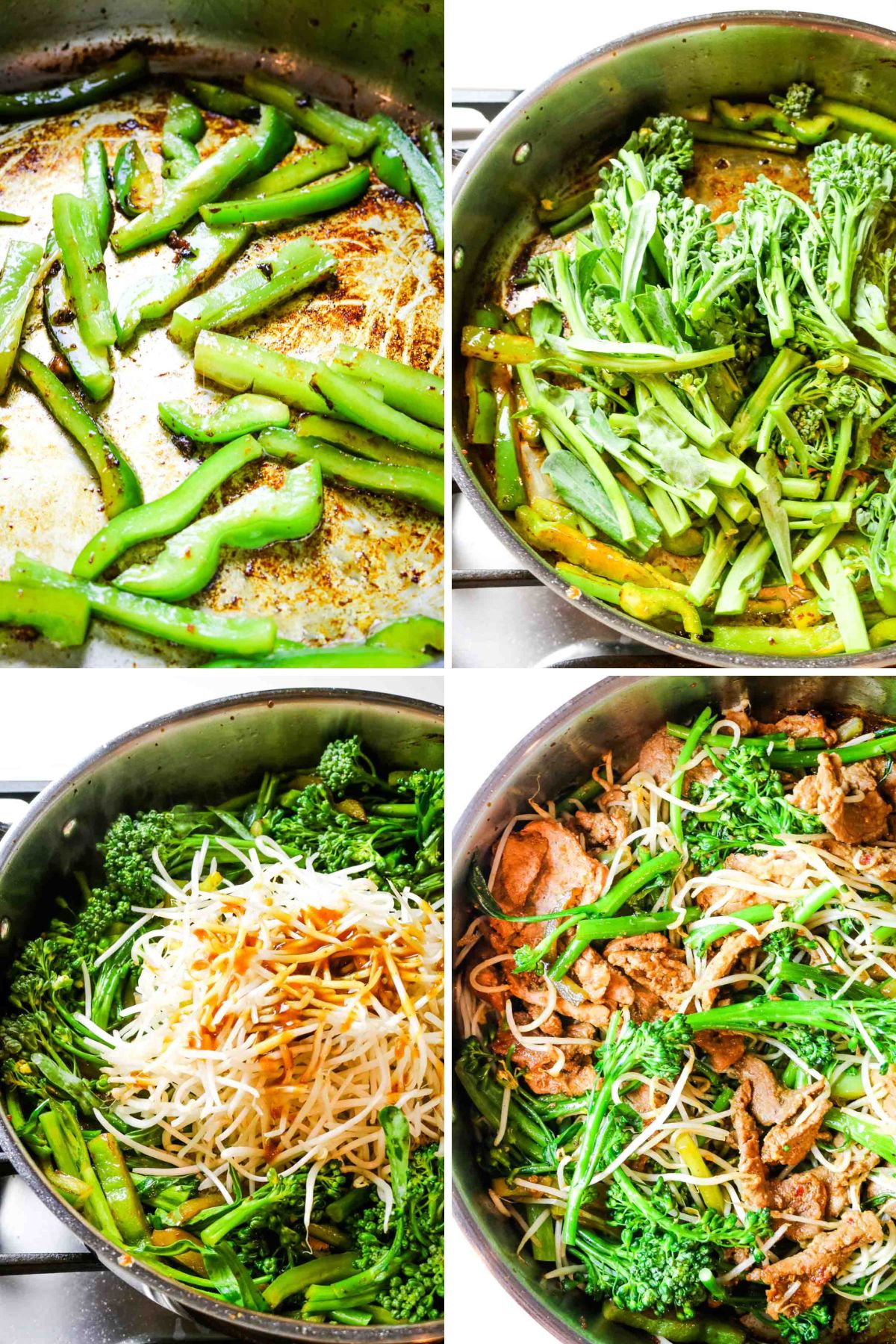 collage of 4 photos cooking bell peppers, broccoli, mung bean sprouts, and cooked pork added.