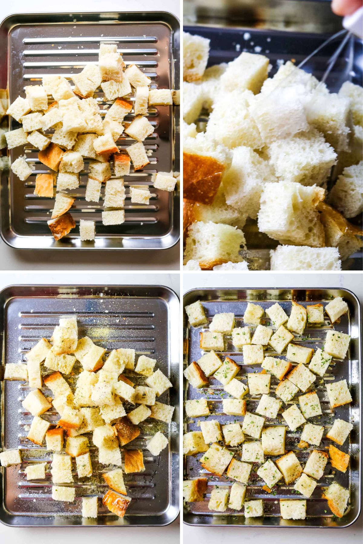 collage of 4 photos on how to make croutons.