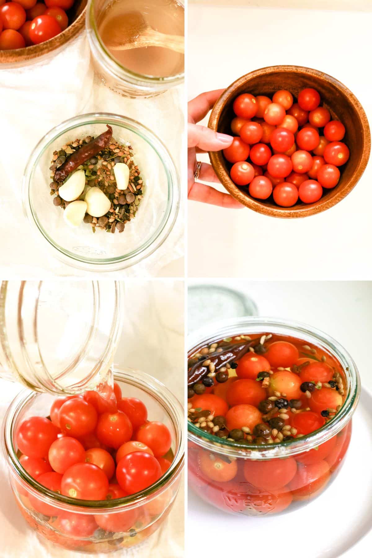 collage of 4 photos: seasonings in jar, fresh tomatoes, brine poured over tomatoes, pickled tomatoes in a jar.