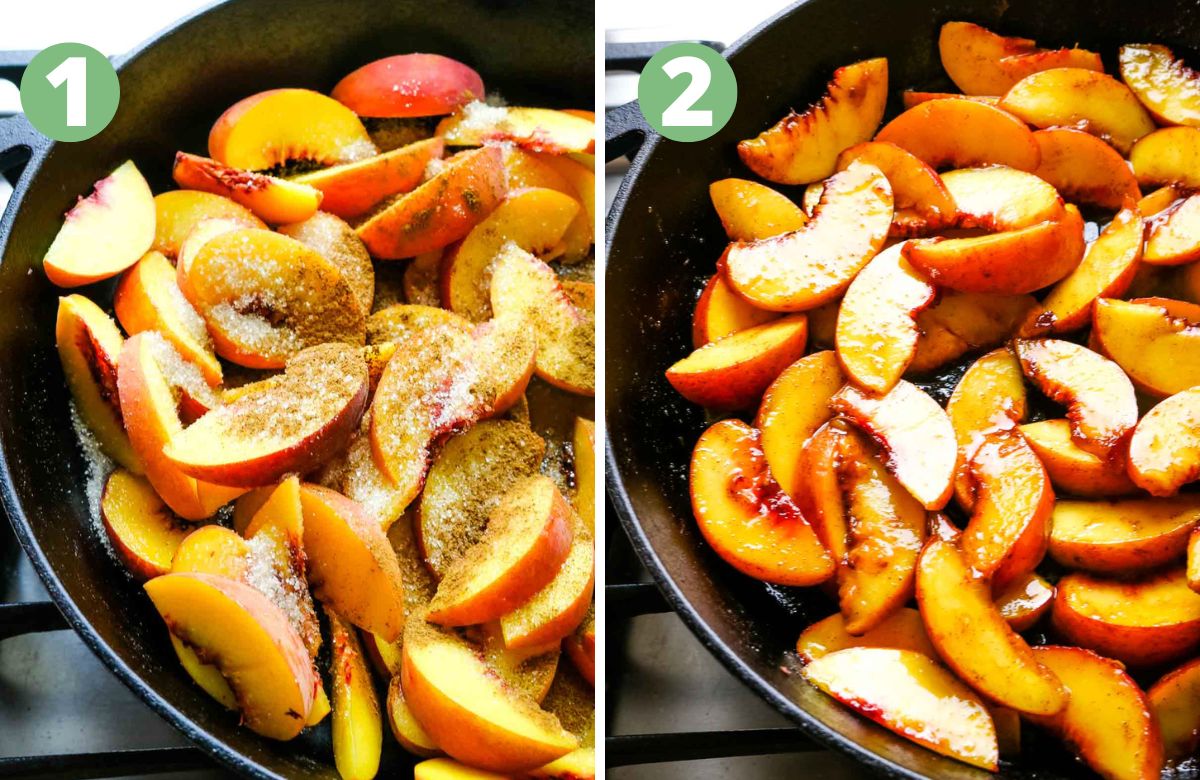 collage of preparing peaches for peach cobbler