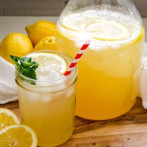 homemade lemonade in pitcher and mason jar