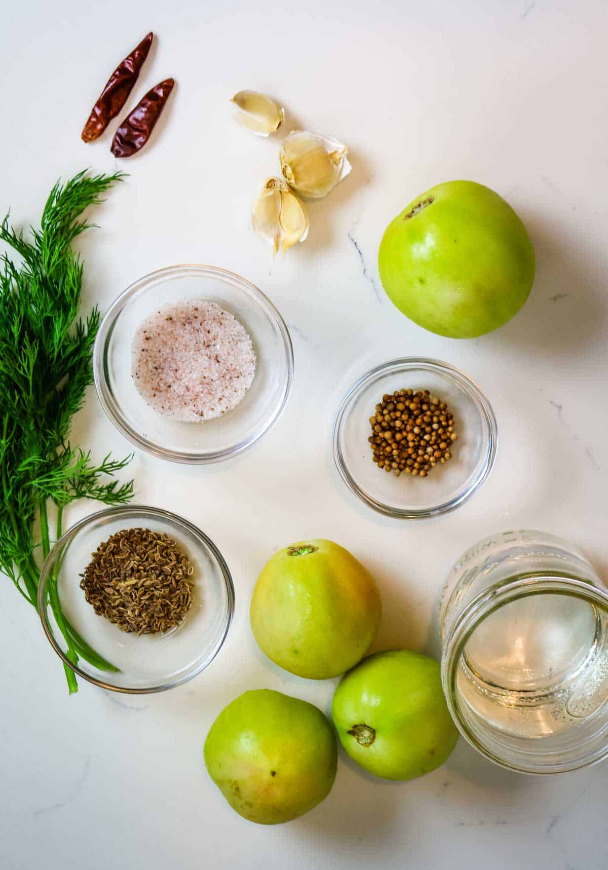 flatlay of green tomatoes, spices, water, and fresh dill.