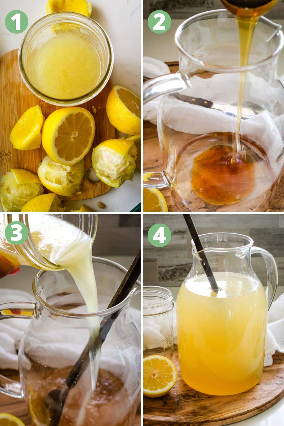 collage of 4 steps on how to make homemade lemonade with honey and lemons.