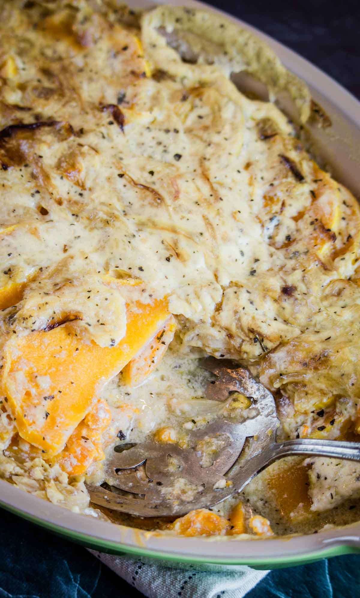 scalloped butternut squash with creamy onion mixture.