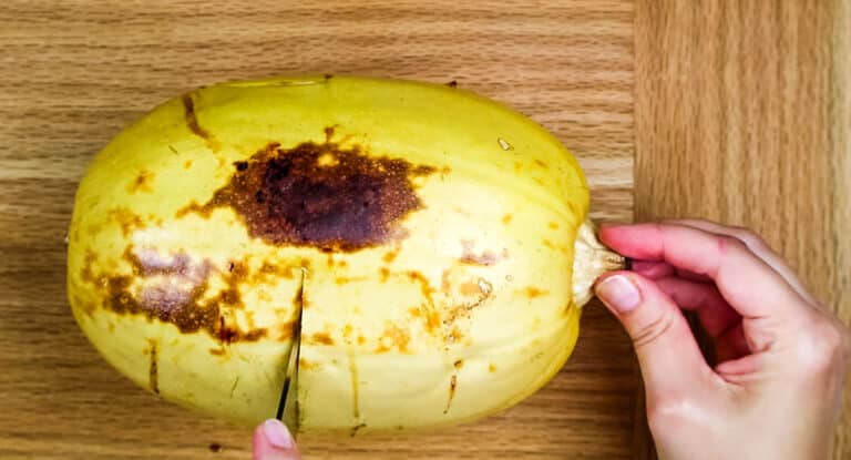 roasted entire squash with hand holding by stem.