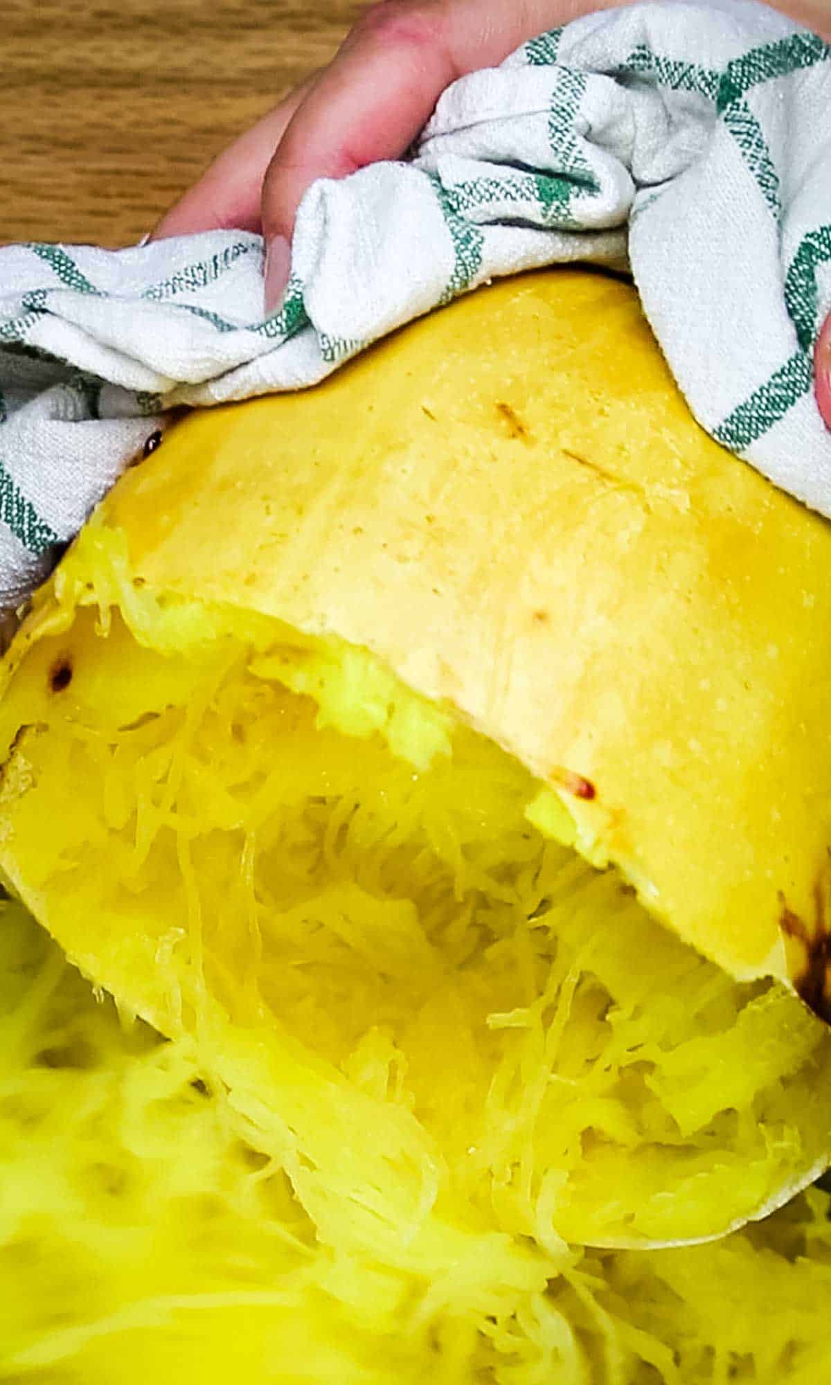 spaghetti squash cooked with towel.