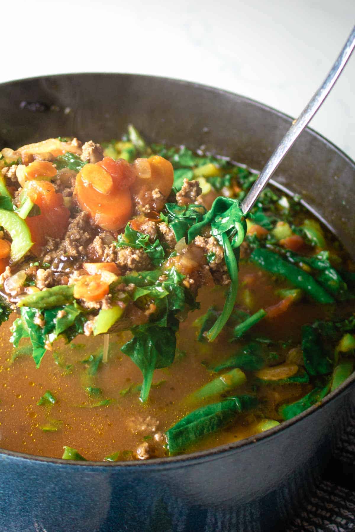 vegetable soup on ladle.