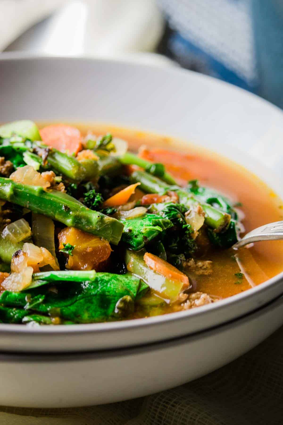 asparagus and other veggies in white bowl in tomato broth