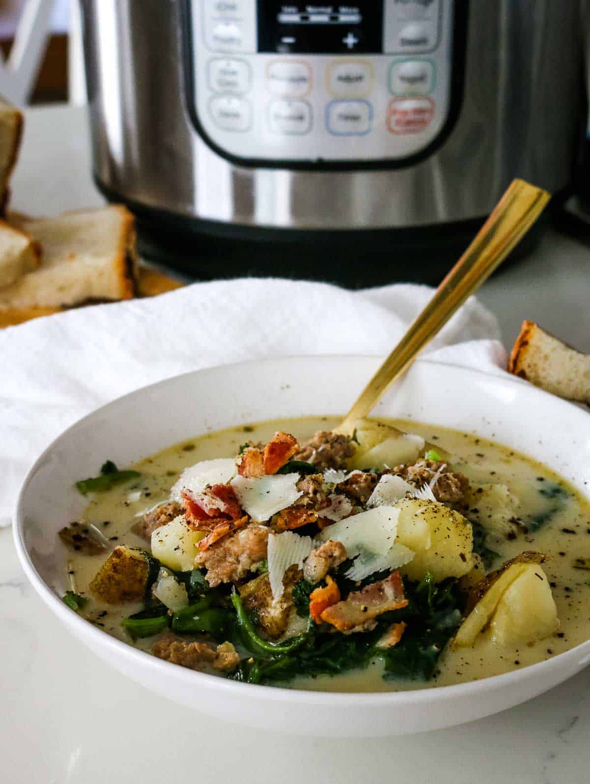 Instant Pot zuppa toscana in white bowl