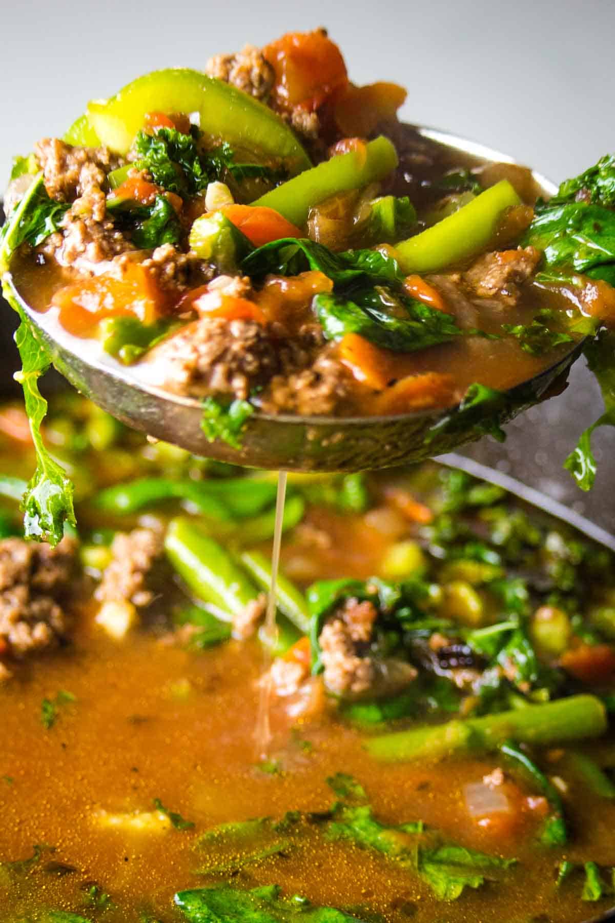 vegetables and beef on ladle.