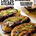 roasted red purple cabbage steaks with text overlay.