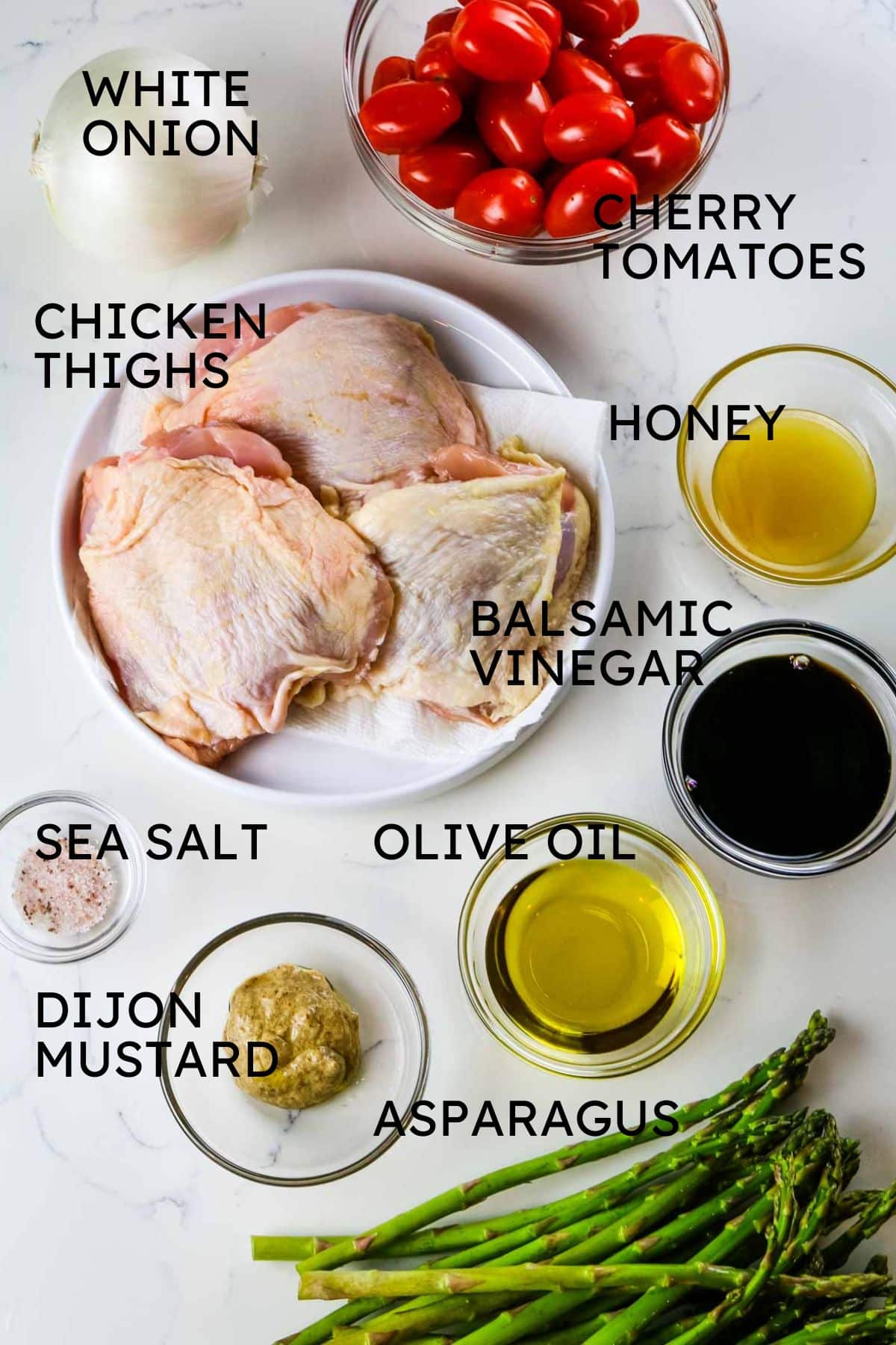 overhead picture with labeled ingredients of chicken, marinade, and vegetables.