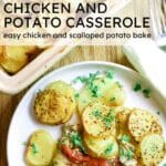 chicken and potato casserole with text overlay