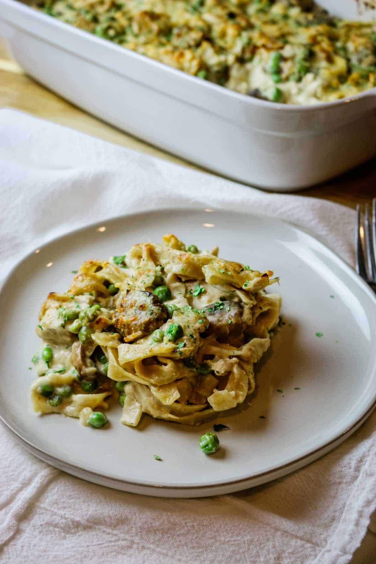 tuna pasta bake on white plate.