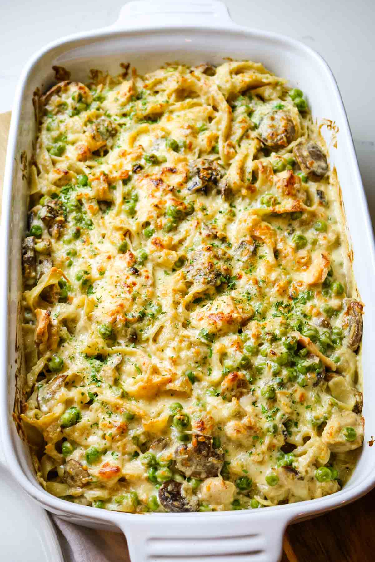 classic tuna casserole in white baking dish.