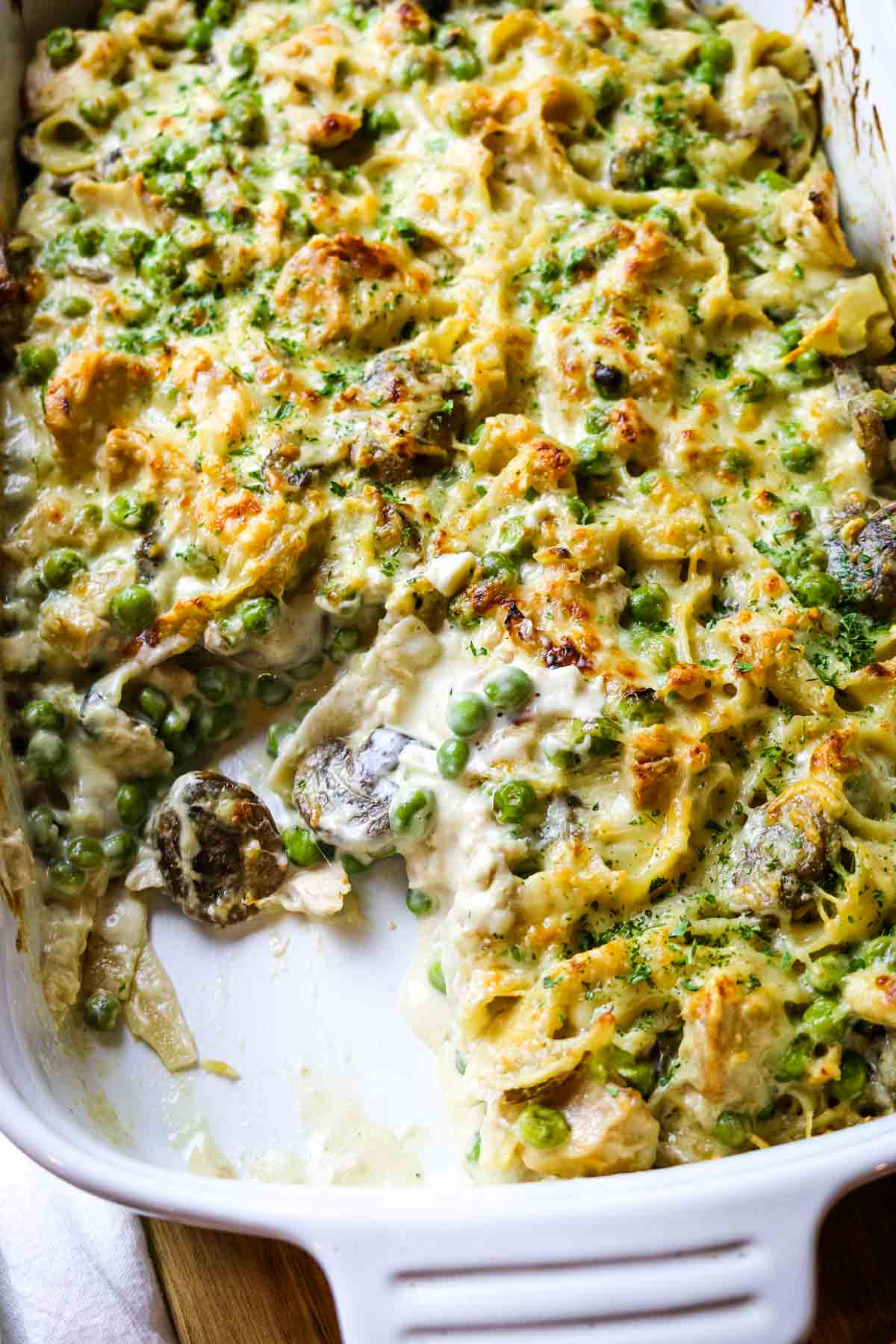 tuna casserole with peas and mushroom and creamy sauce in white casserole dish.