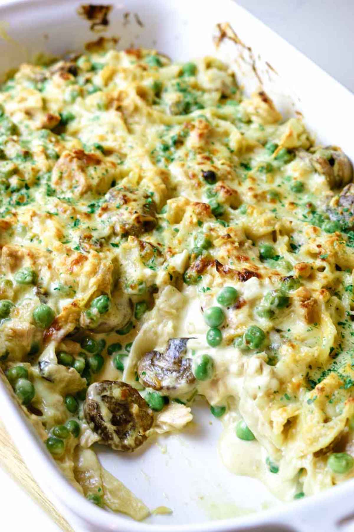 tuna casserole in white baking dish.