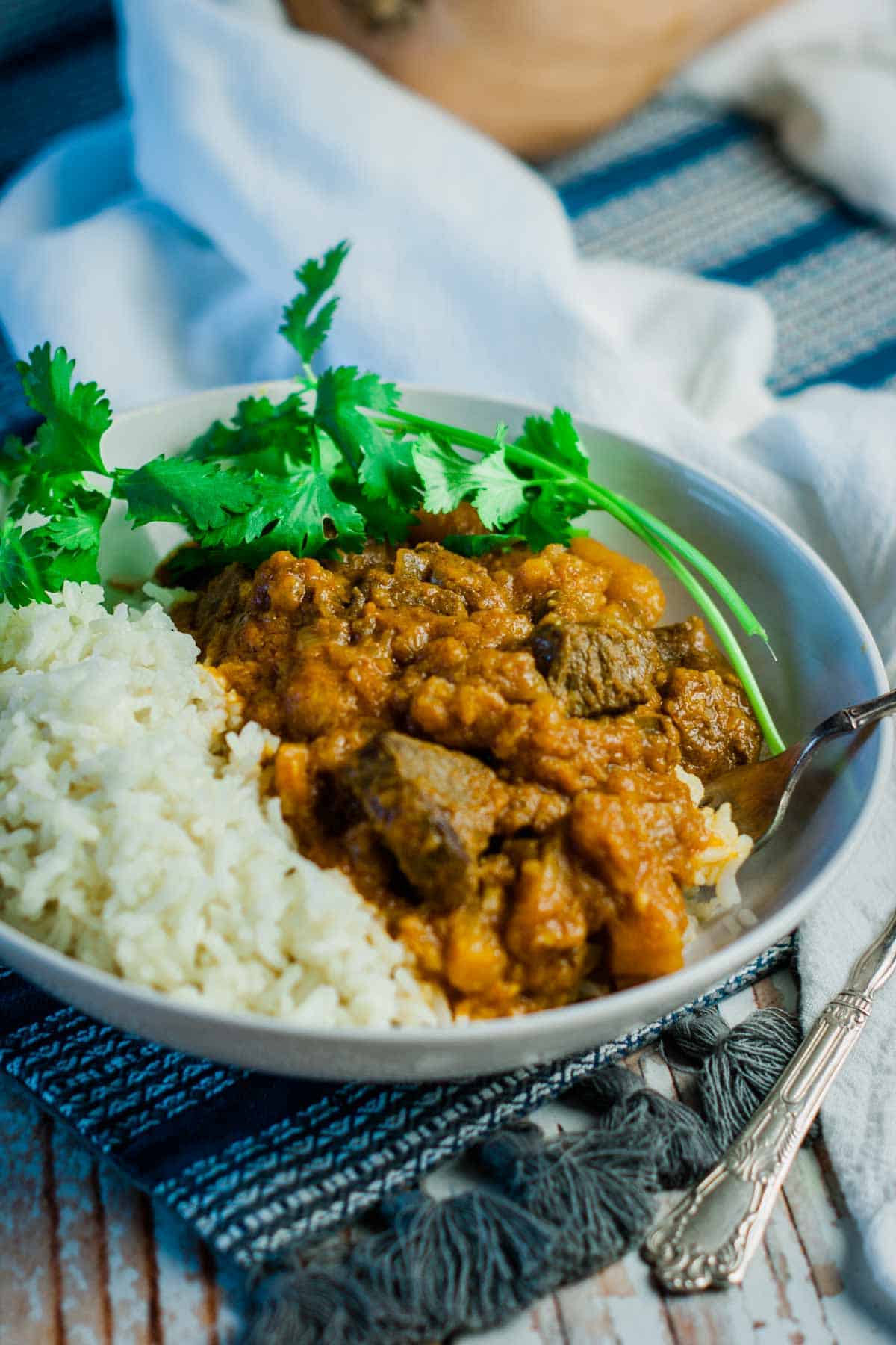 lamb curry recipe with rice and cilantro on white bowl.