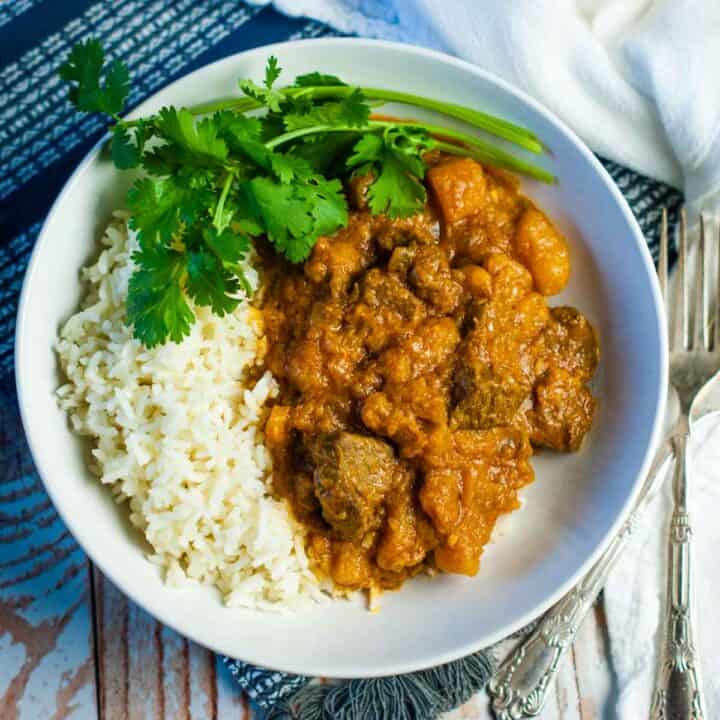 lamb and butternut squash in bowl with cilantro.