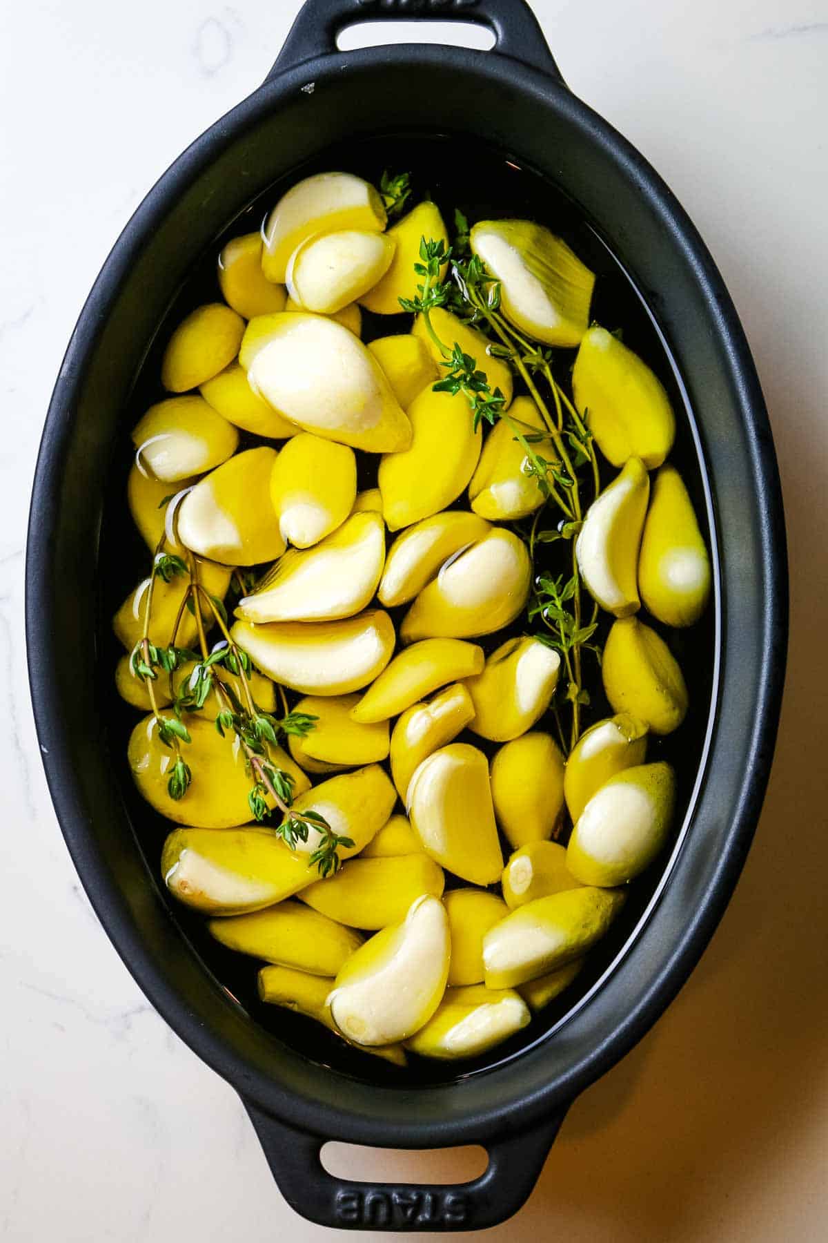 garlic in oil and black dish