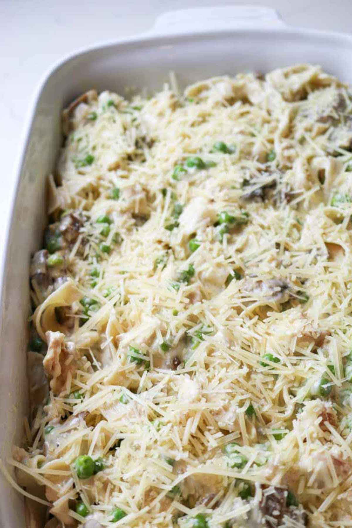 cheese on top on casserole in dish.
