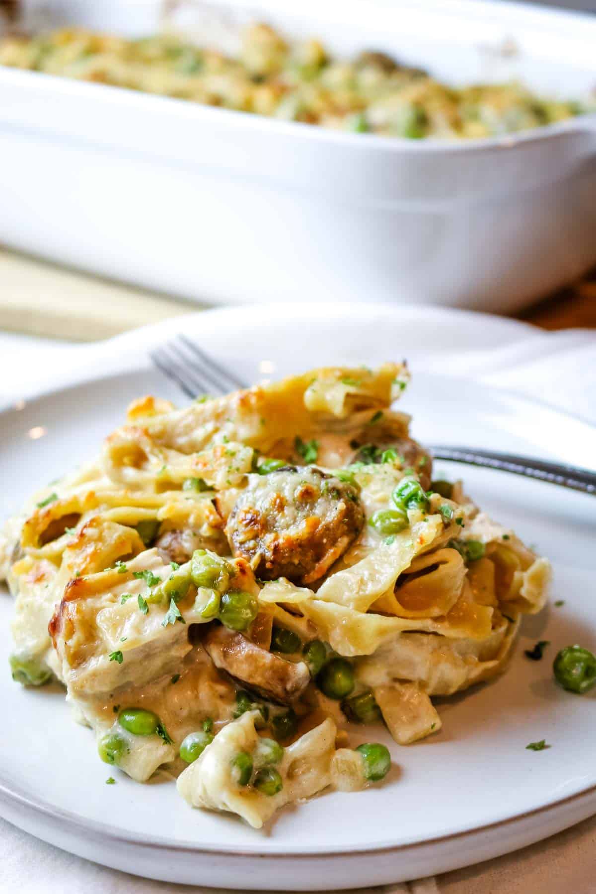 tuna noodle casserole on white plate.