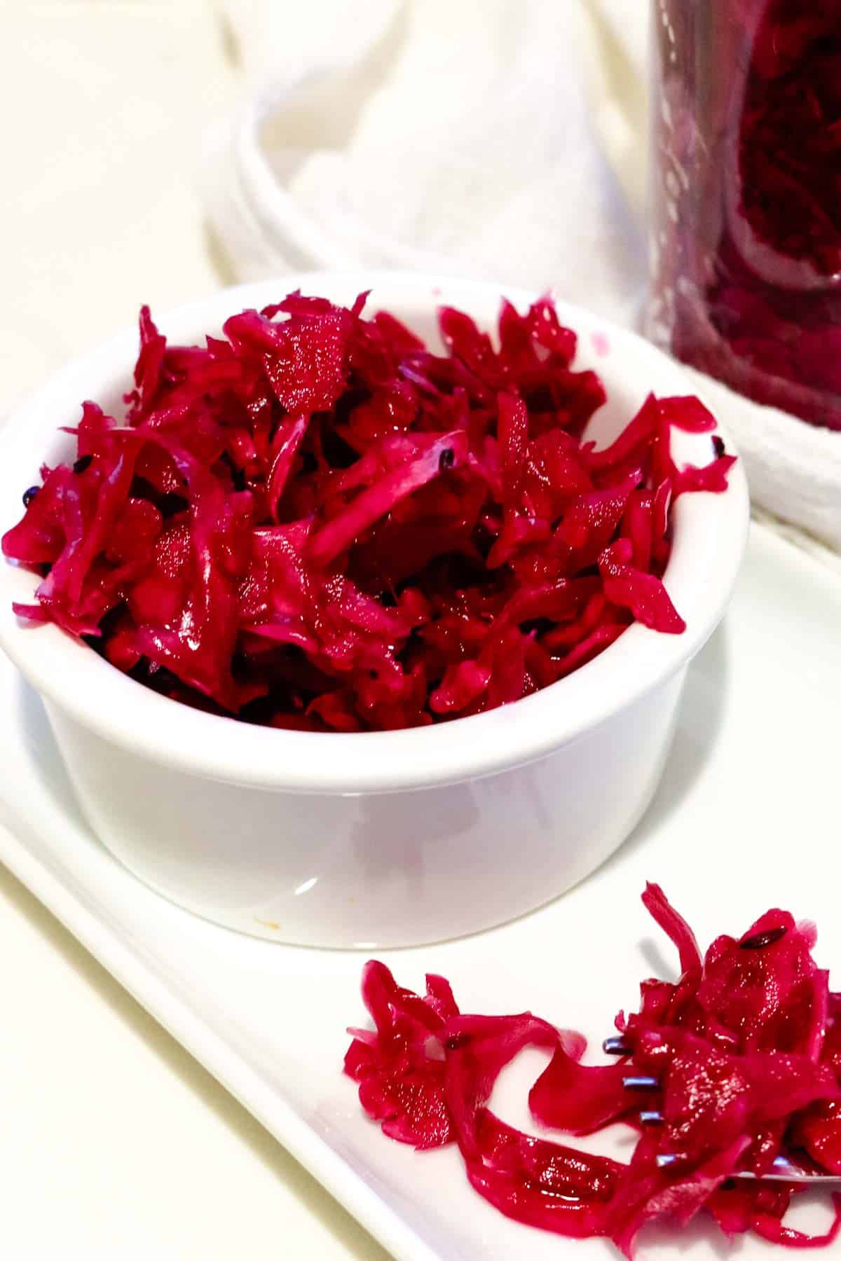 fermented red cabbage in a small ramekin.