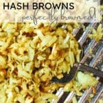 perfectly crispy shredded hash browns in air fryer on sheet.