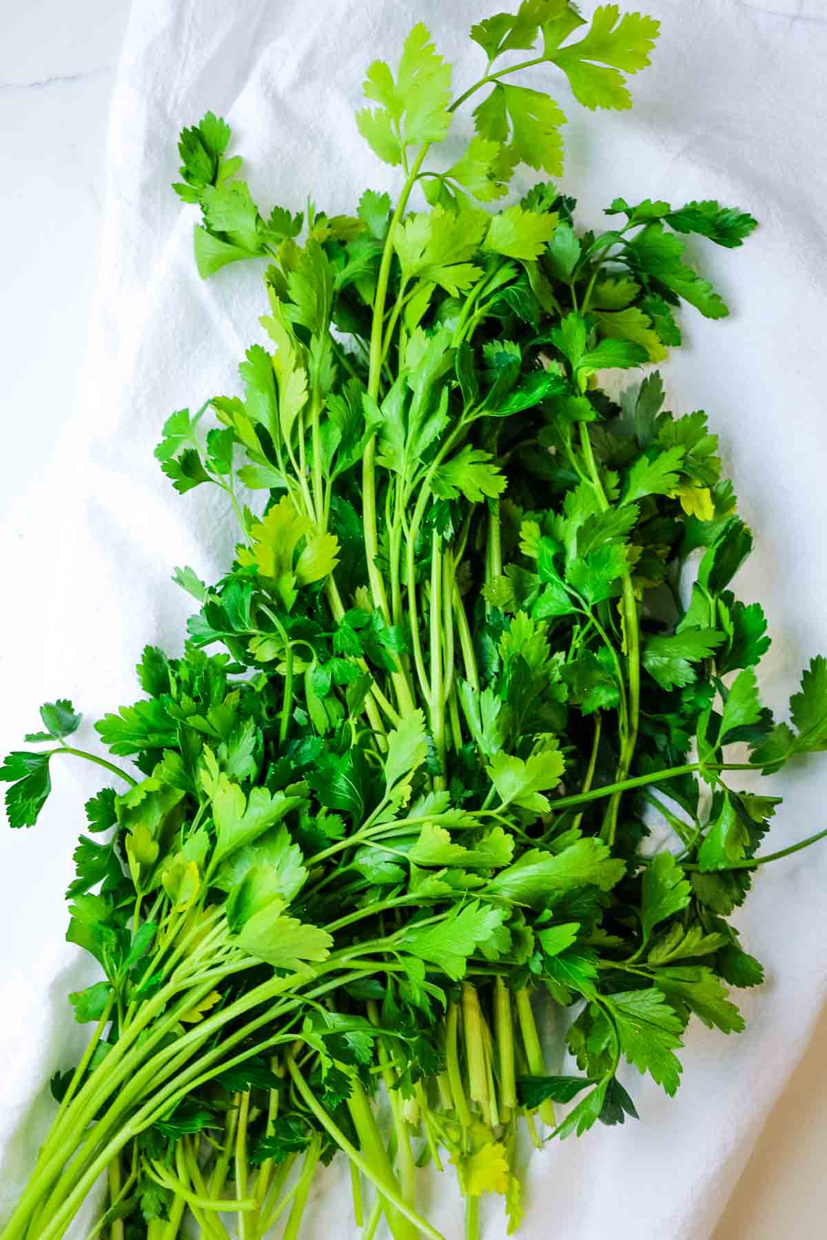 fresh parsley on white towel.