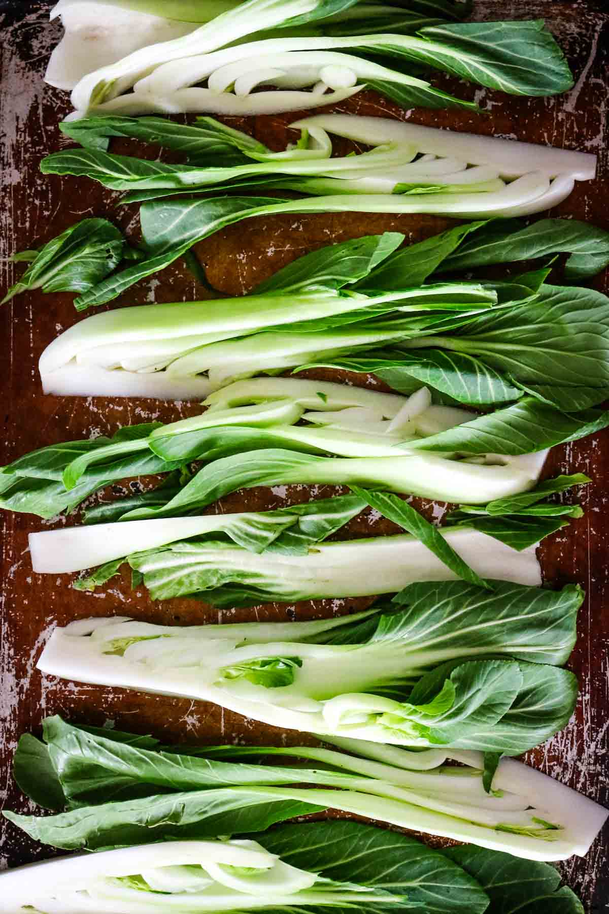 bok choy on baking sheet.