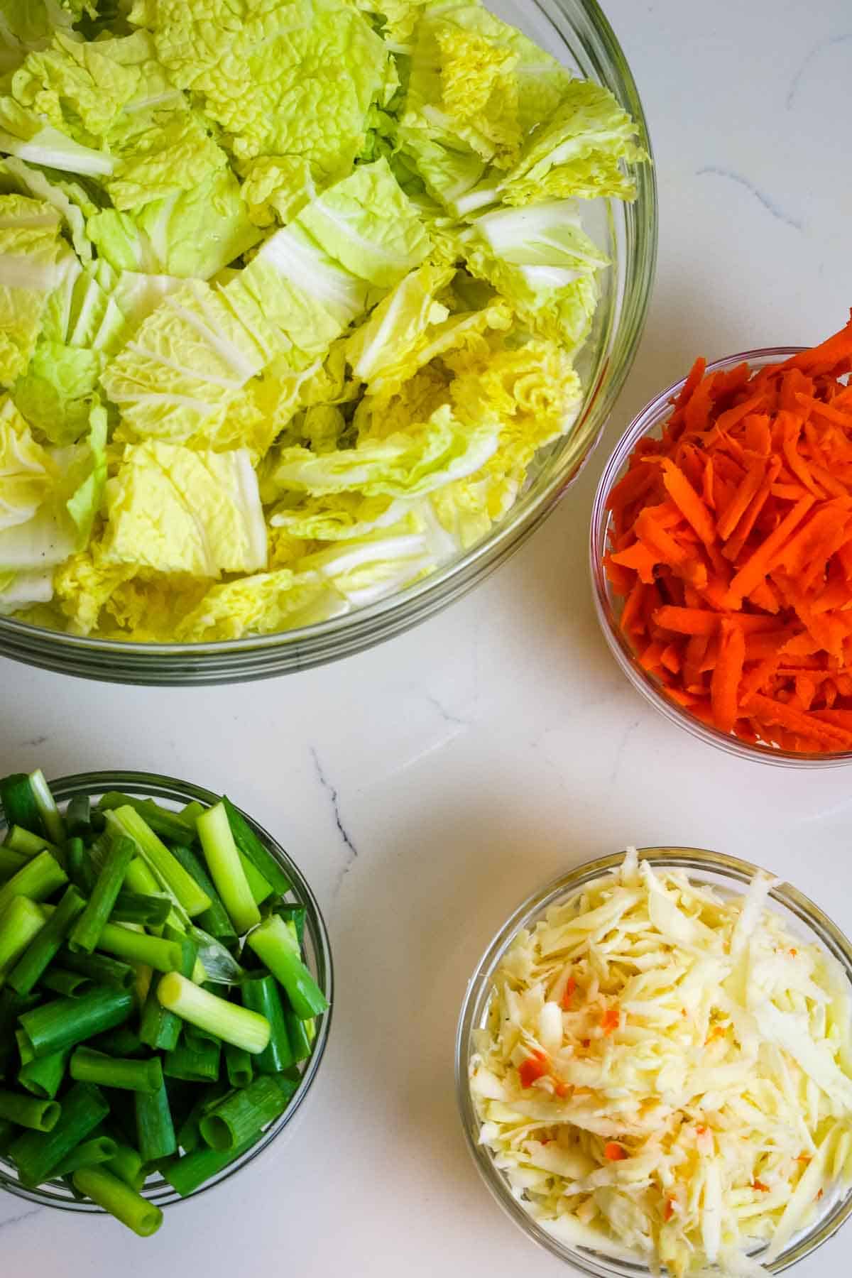 prepped kimchi ingredients in separate bowls. 