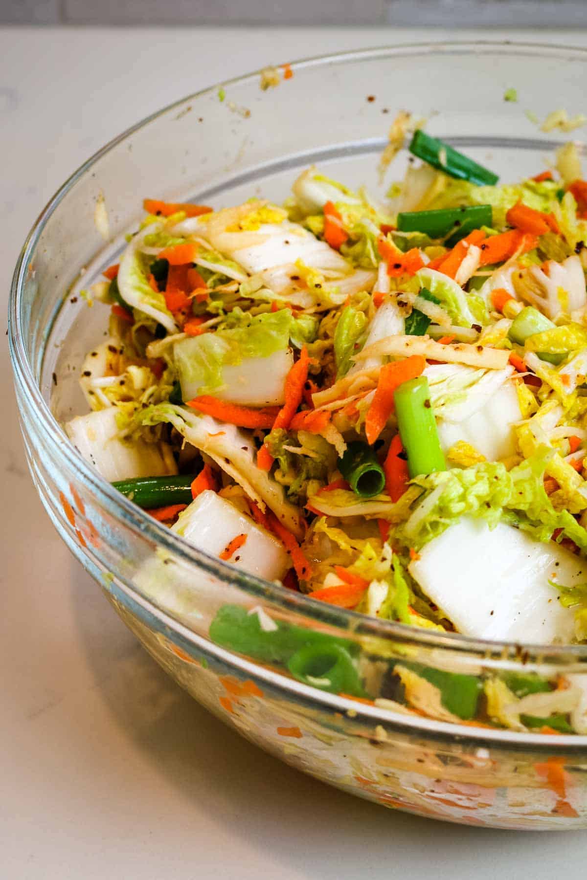 Combine all vegetables in large bowl in how to make kimchi.