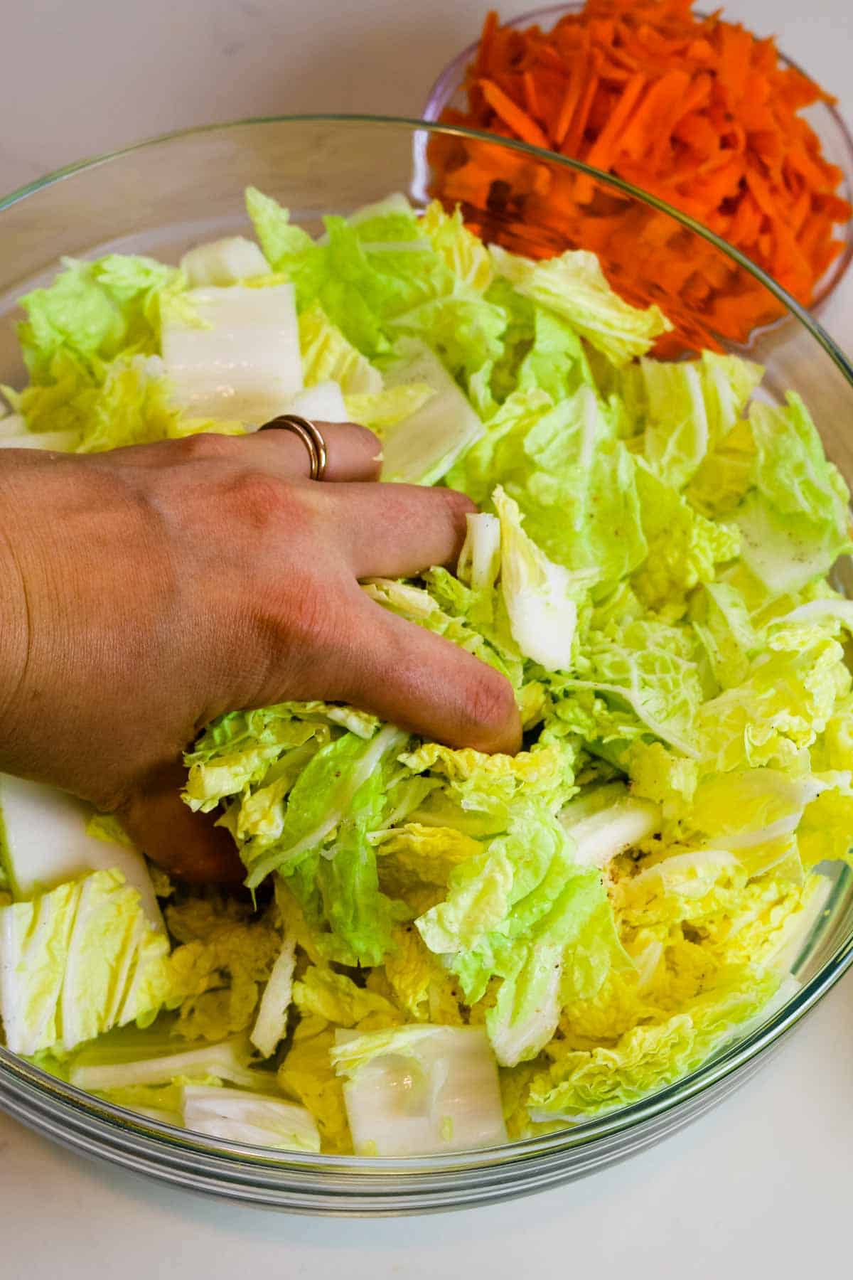 massaging napa cabbage in a large bowl for kimchi recipe.