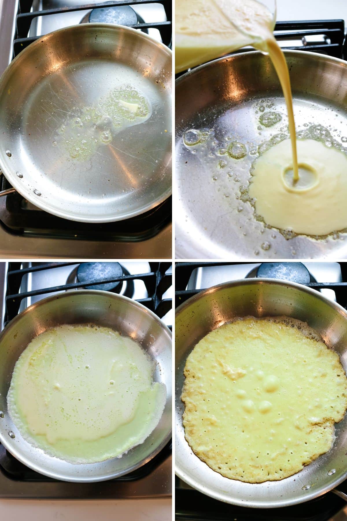 collage of images of gluten free crepes cooked in stainless steel: added butter, batter poured in, cooked until bubbles form, then more yellow crepe.
