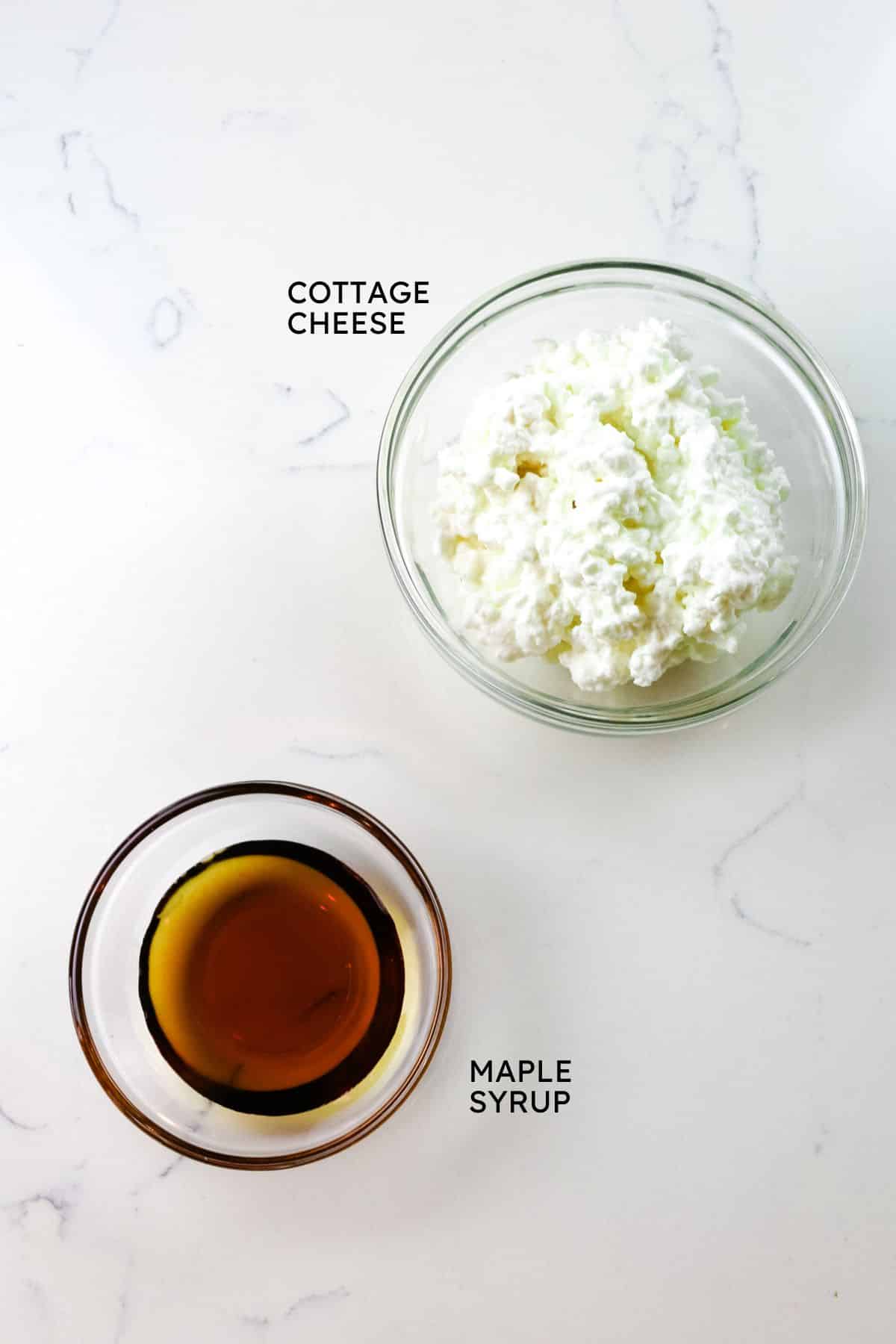 labeled ingredients for cottage cheese and maple syrup.