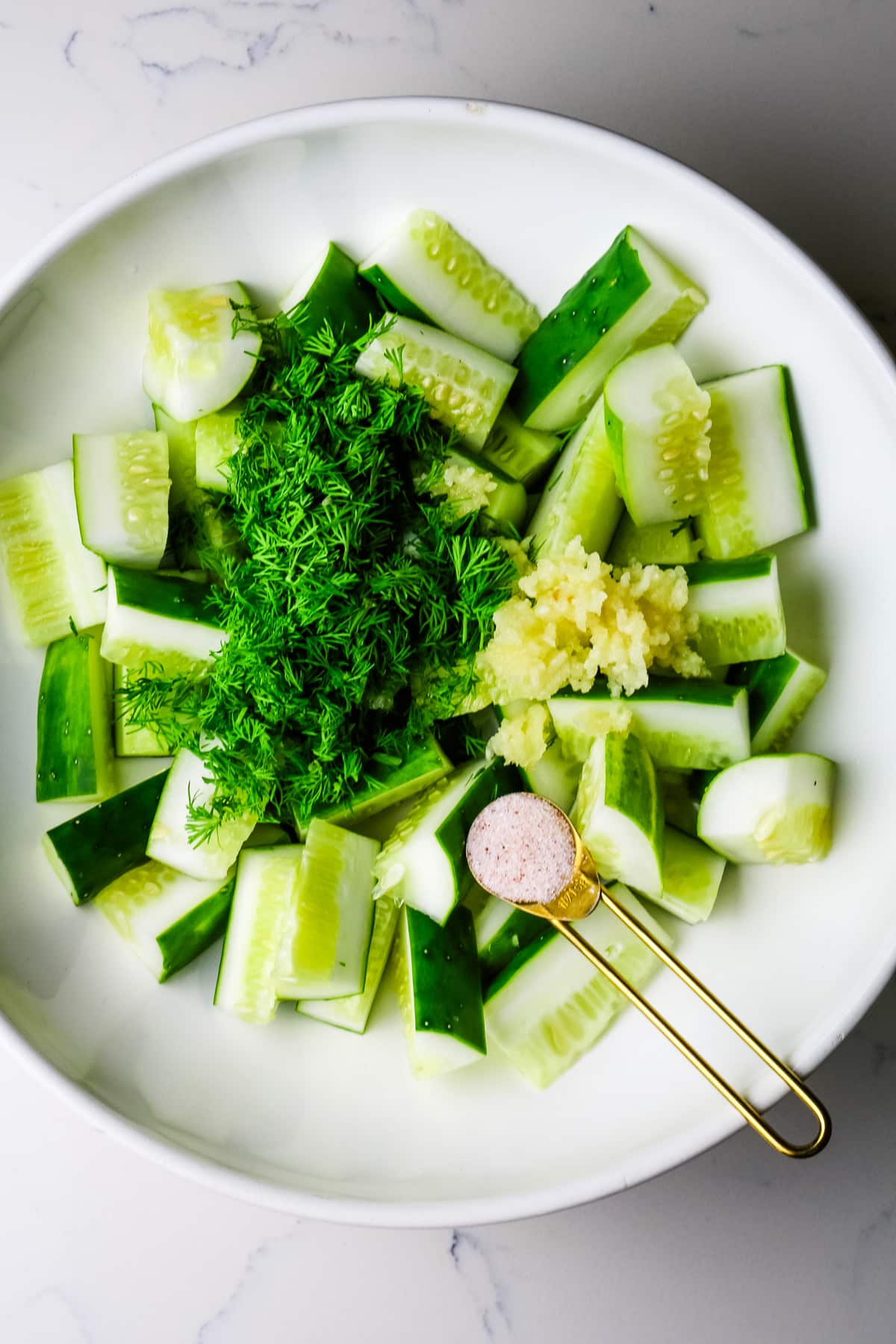 cucumbers with dill and garlic and salt in white bowl.