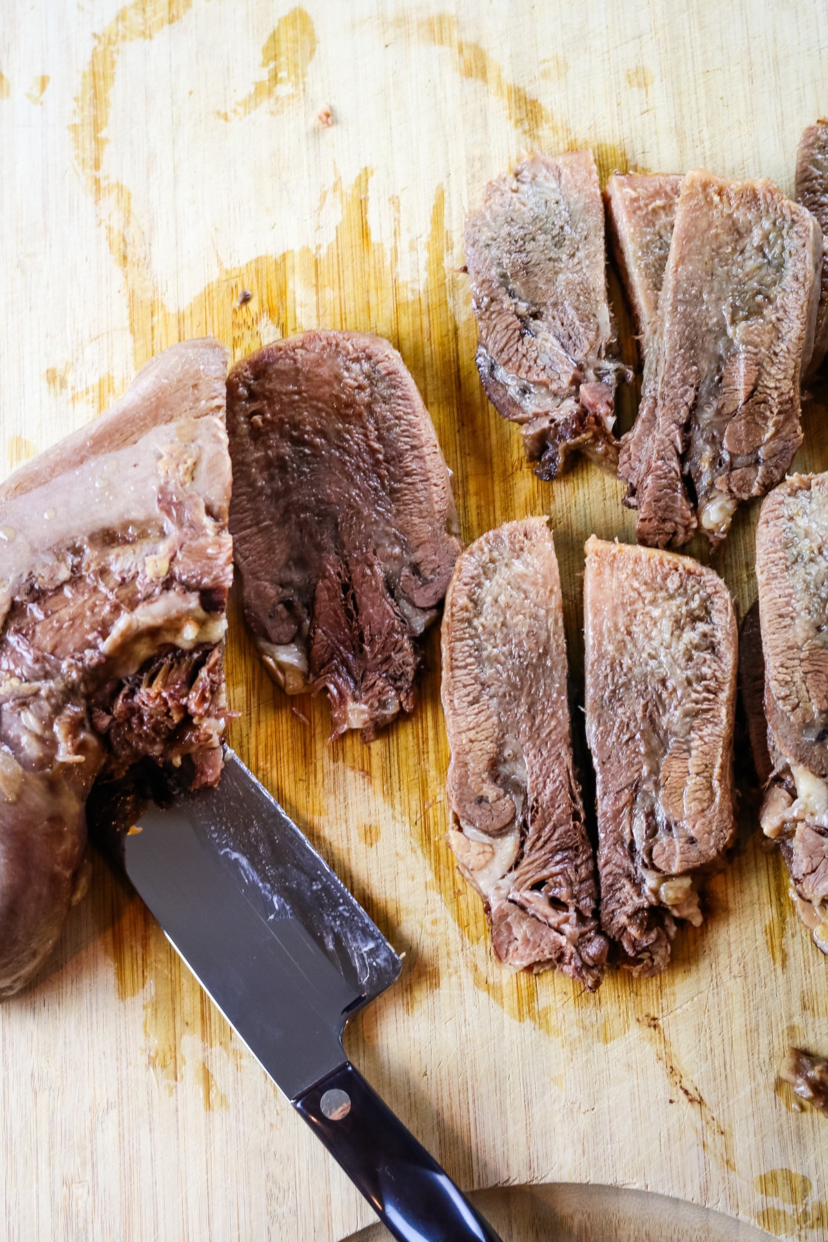 beef tongue cut into medium-size strips.