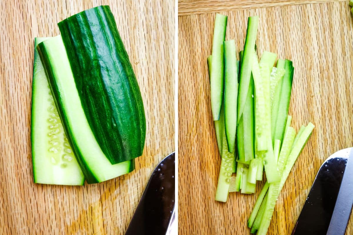 collage of how to julienne a cucumber with cucumber planks on the left and julienned strips on the right.