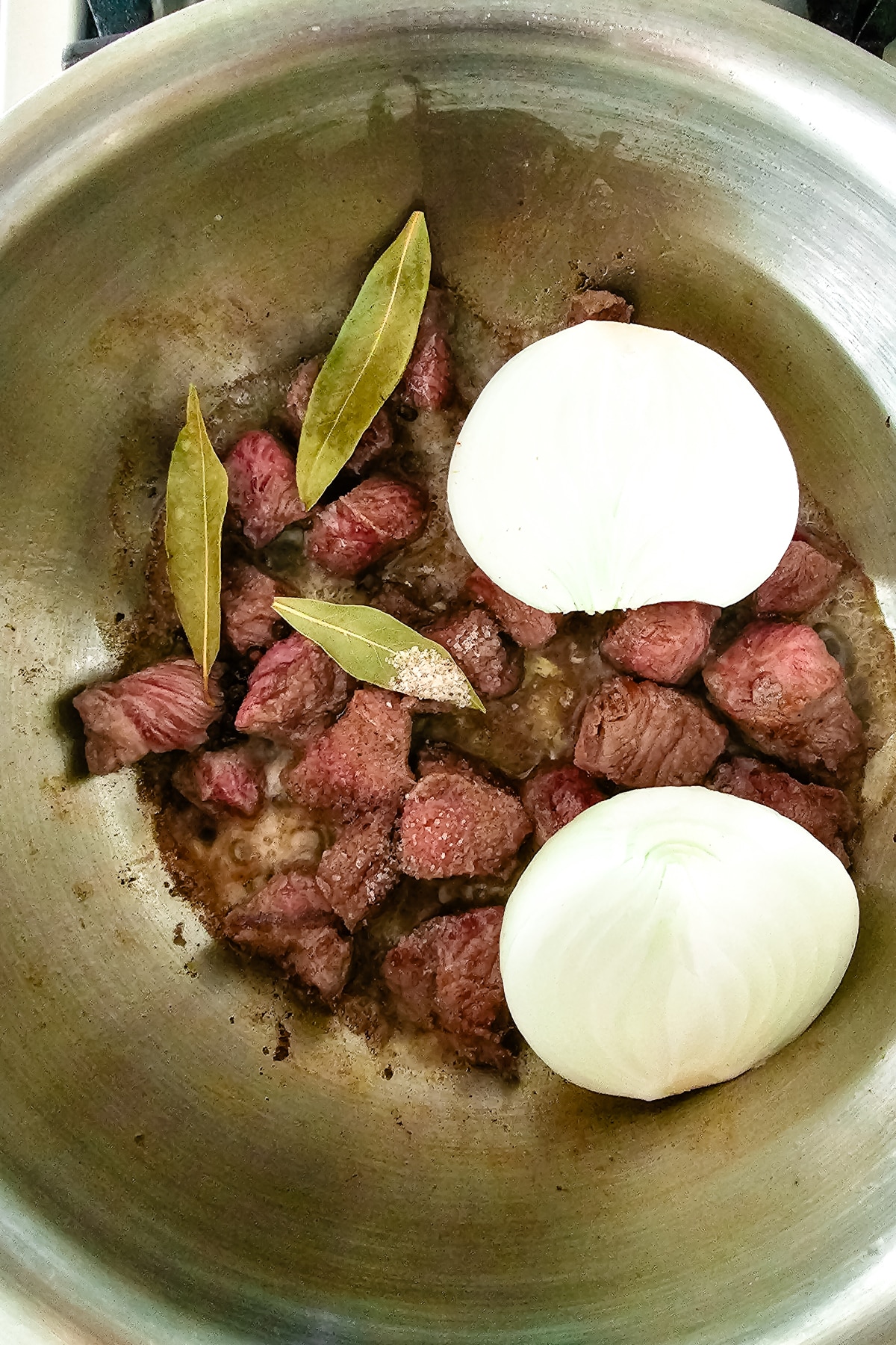 beef stew meat in pot with bay leaves and onions.