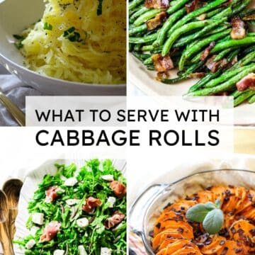 4-image collage that shows spaghetti squash, roasted green beans, arugula salad, and scalloped sweet potatoes, with text overlay.